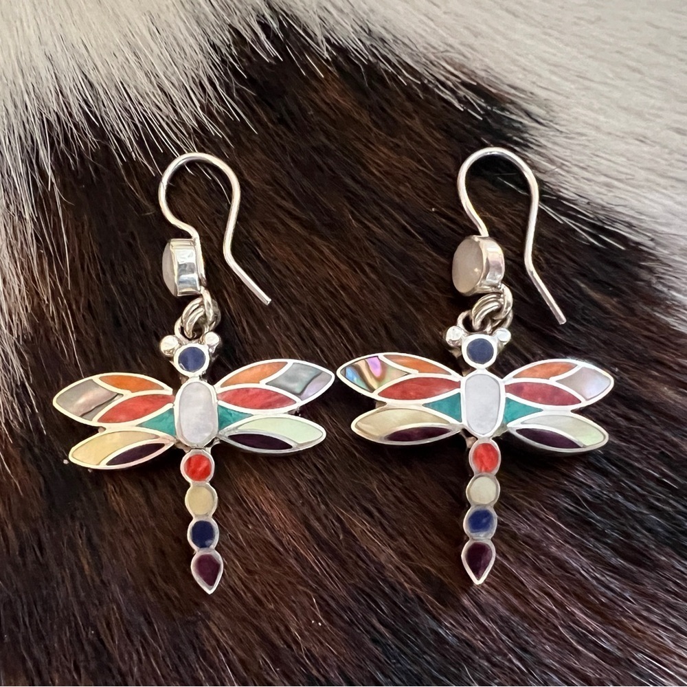 ❤️ Peruvian Inca Inlaid Turquoise Spiny MOP Lapis Dragonfly 950 Silver Earrings